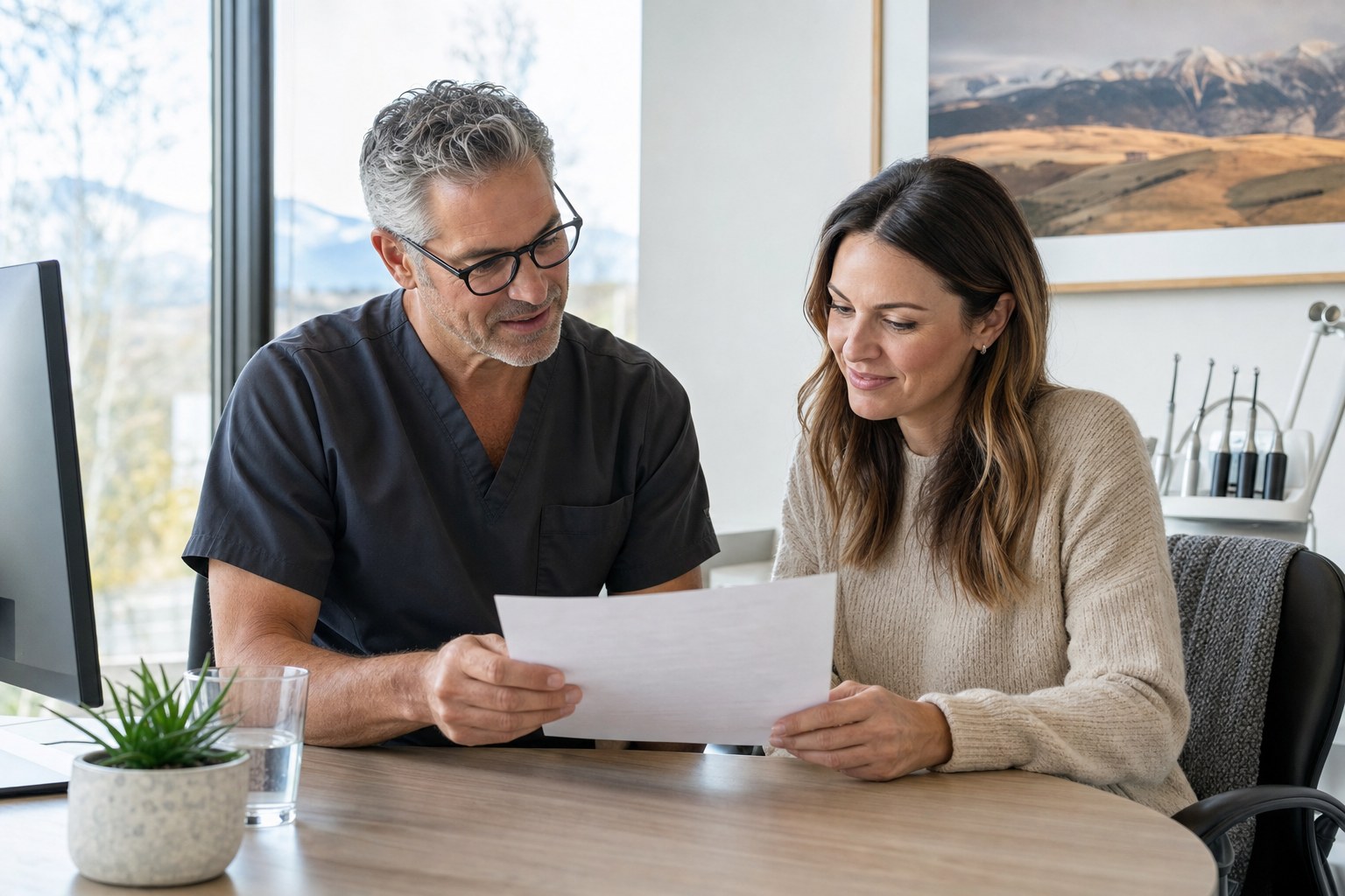 Patient discussing treatment costs with a dental team member