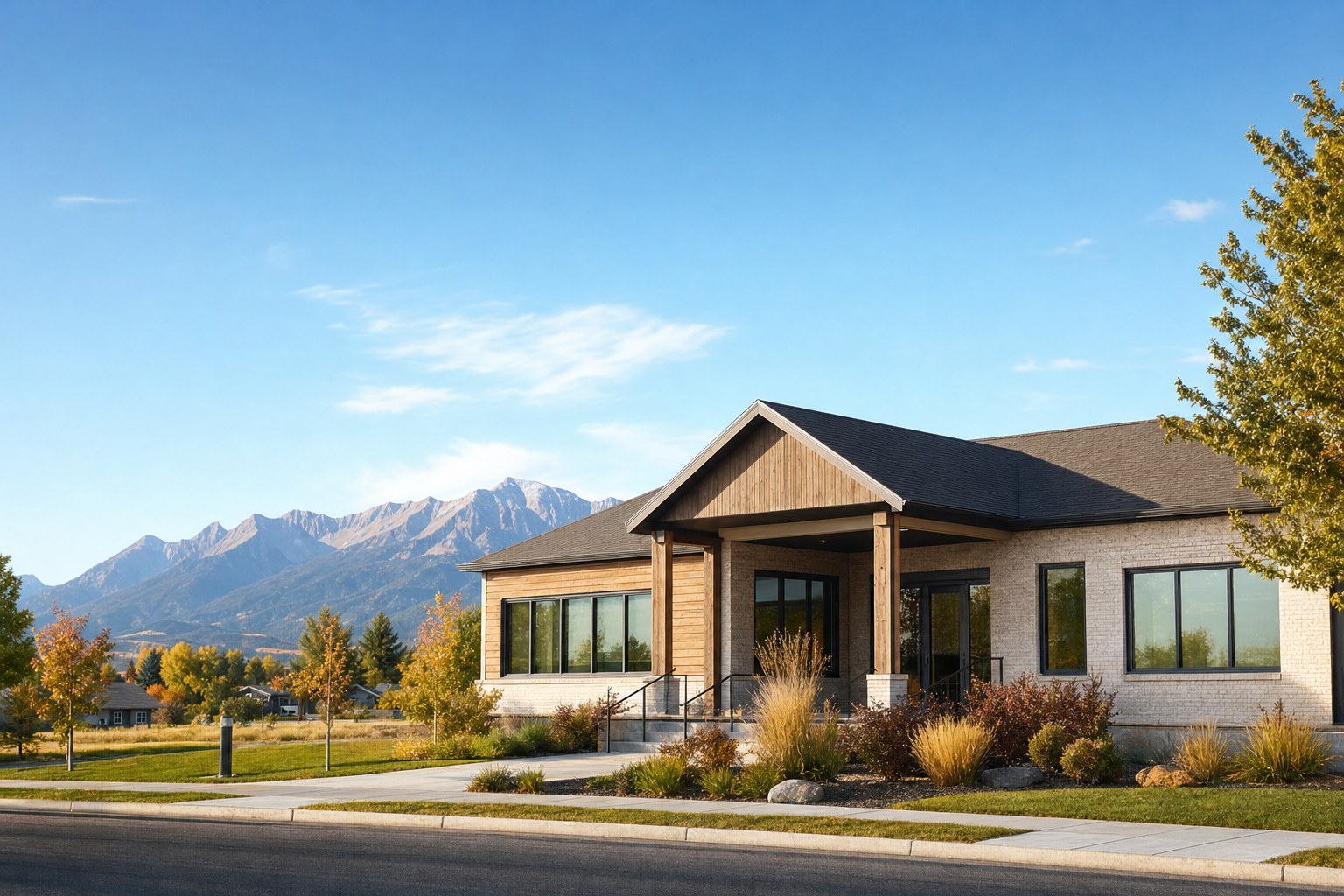 Kestrelmoor Dental’s single-story office with the Bridger Mountains behind it