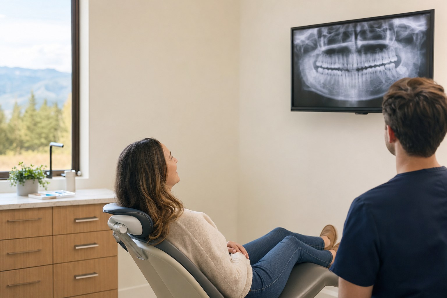 Dentist and patient reviewing dental x-rays together