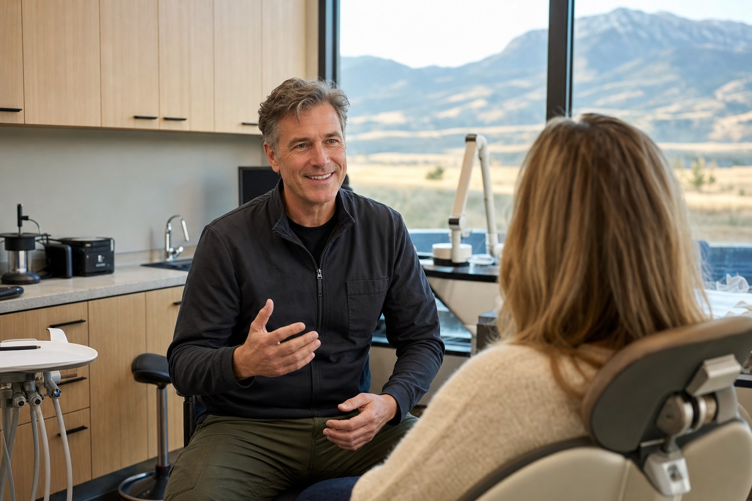 Dentist speaking with a patient in a sunlit treatment room