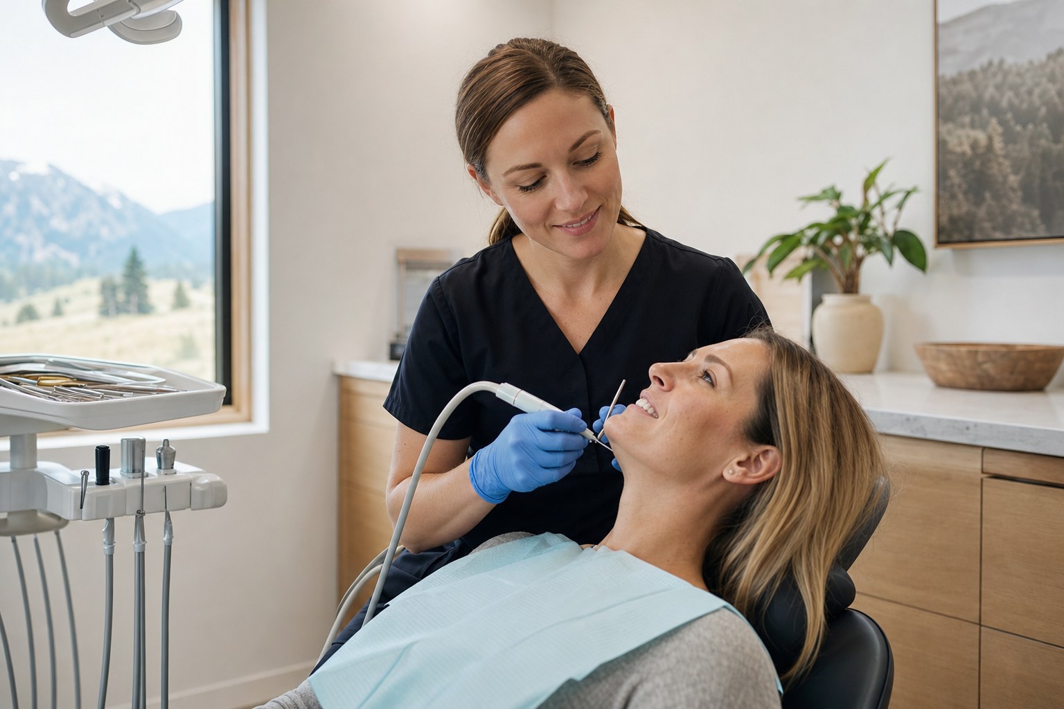 Hygienist giving an attentive routine dental cleaning