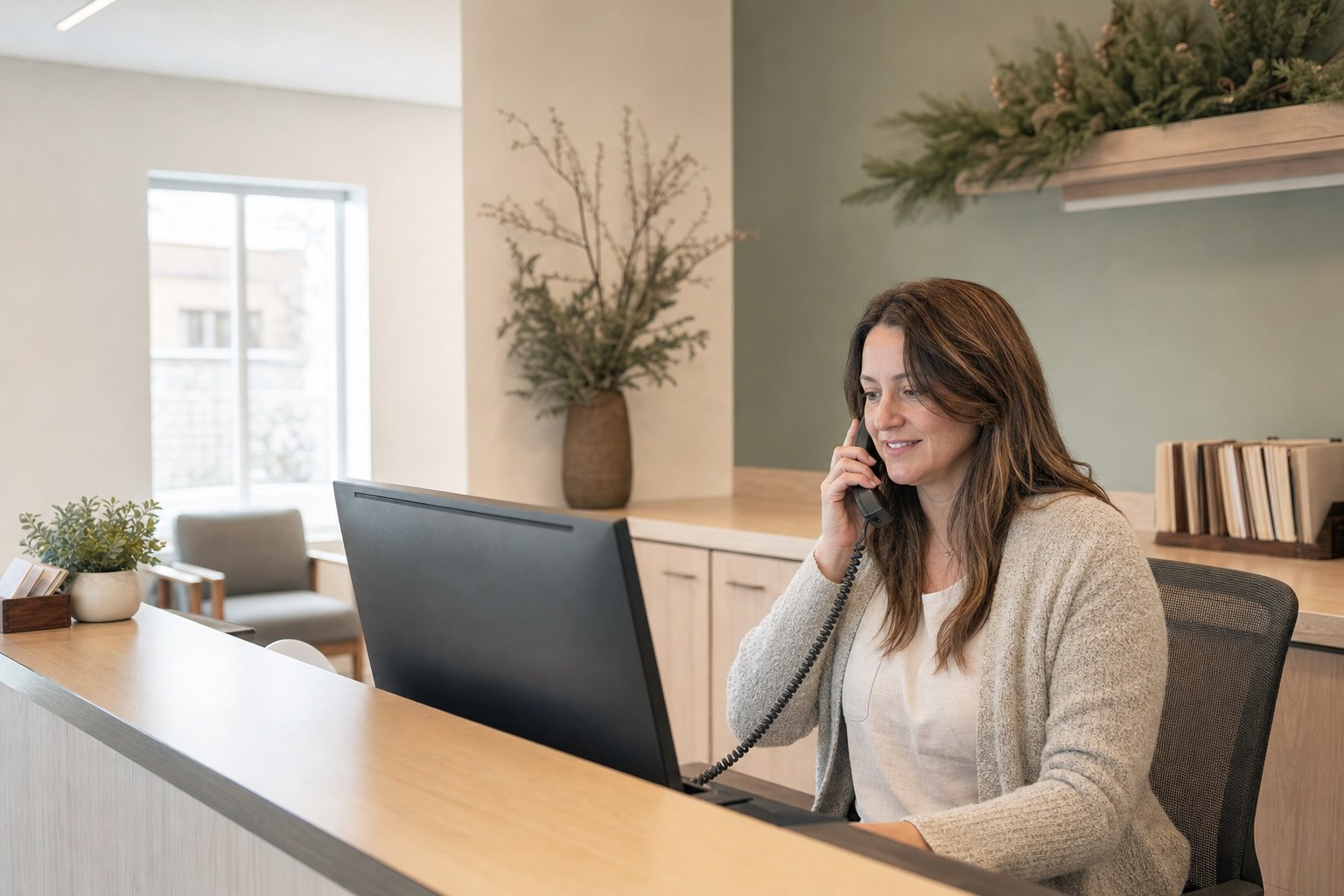 Marta at the front desk, speaking with a patient’s insurance company