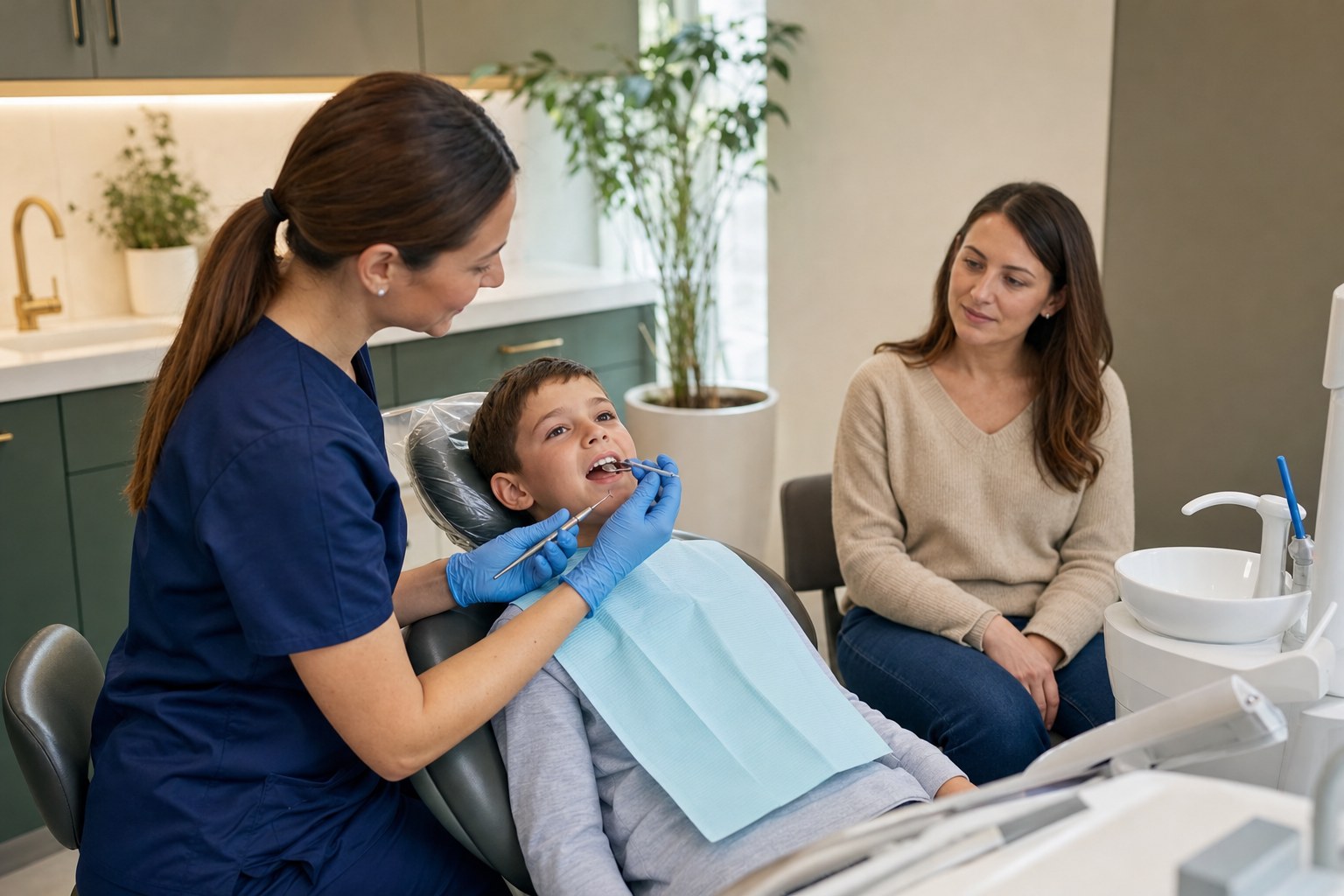 Hygienist cleaning a young boy’s teeth while his mother sits nearby