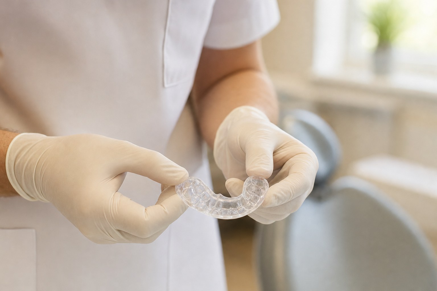 Gloved hands holding a clear custom dental night guard