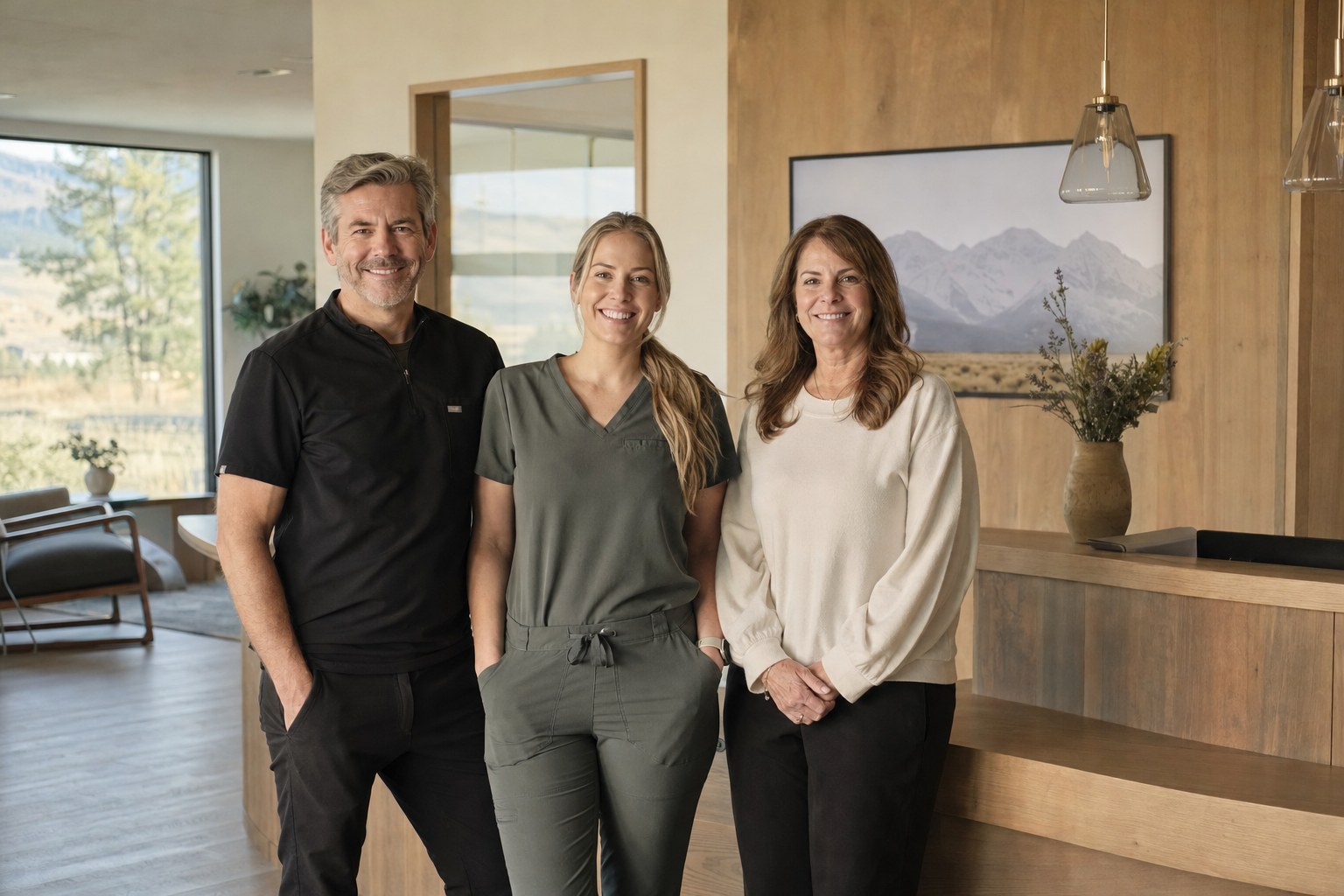 Three members of a dental office team standing in a warm reception area