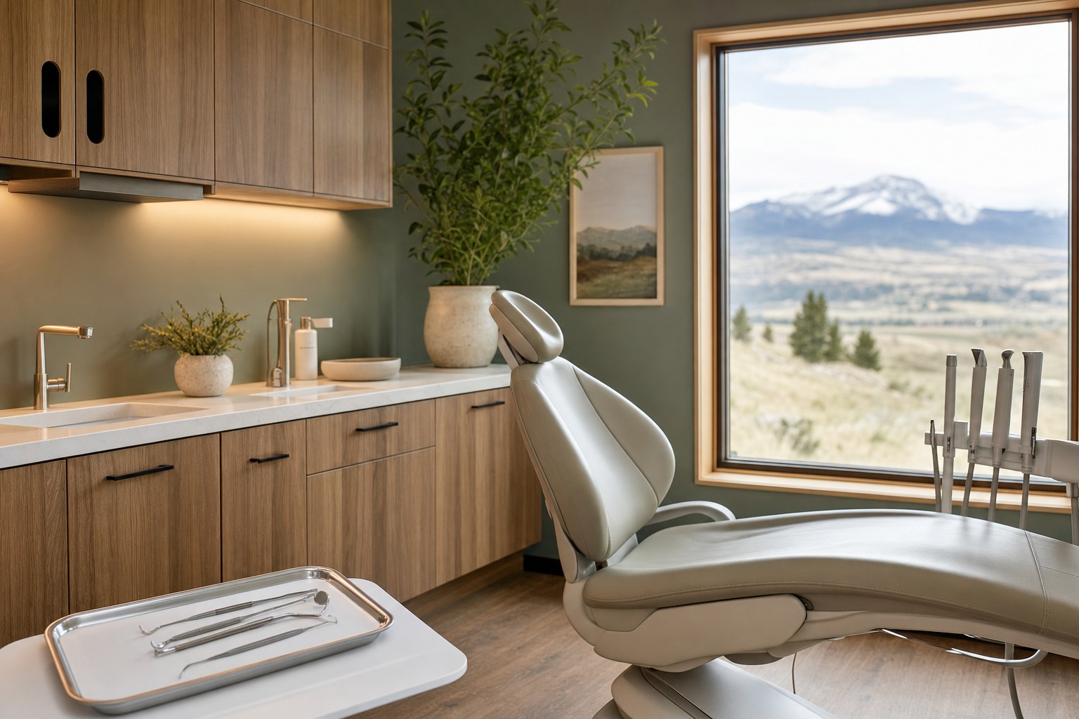 Calm dental treatment room prepared for patient care
